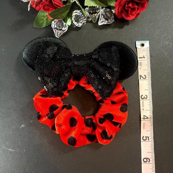 Minnie Mouse Hair Scrunchies Polka Dot Hair Rubber Band Velvet Ears Sequins - Picture 6 of 8